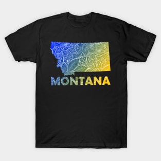 Colorful mandala art map of Montana with text in blue and yellow T-Shirt